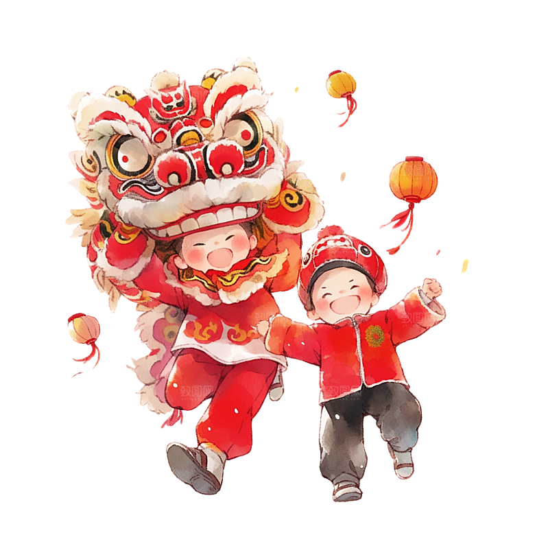 手绘卡通喜庆节日舞龙舞狮PNG免抠素材