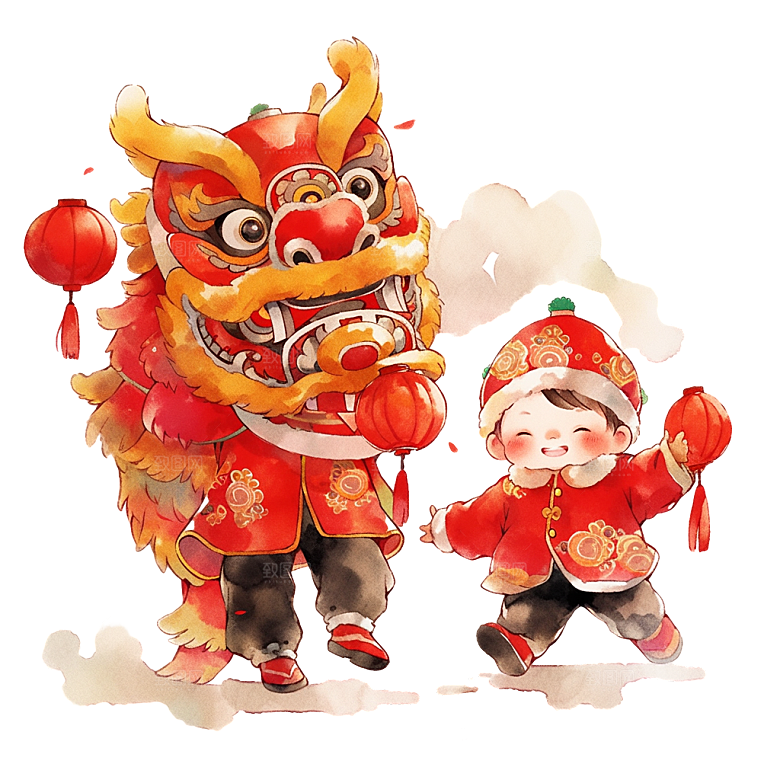 手绘卡通喜庆节日舞龙舞狮PNG免抠素材
