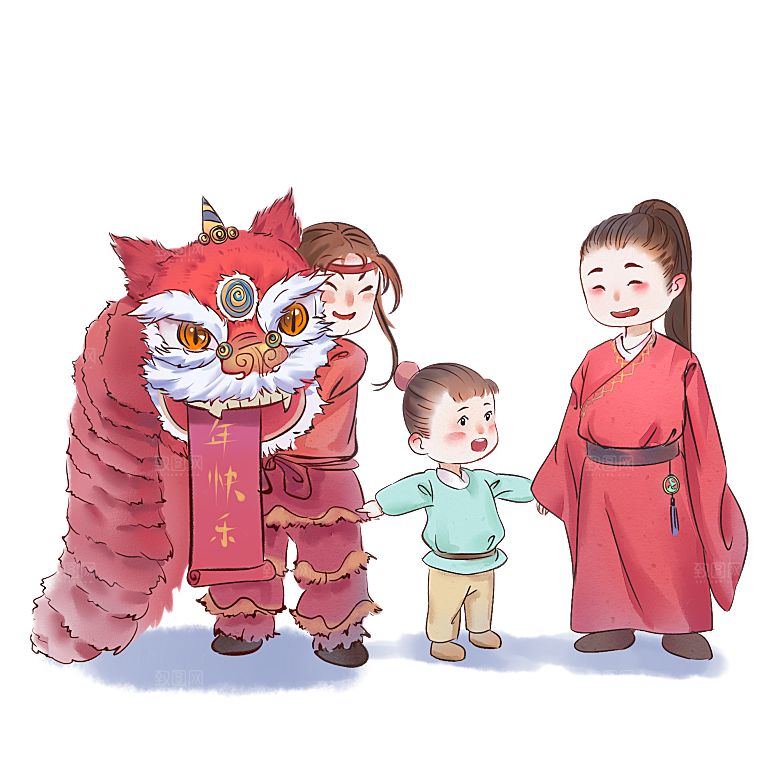 手绘卡通喜庆节日舞龙舞狮PNG免抠