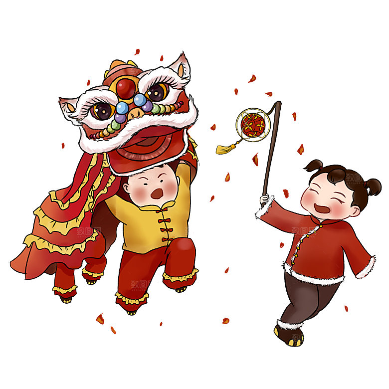 手绘卡通喜庆节日舞龙舞狮PNG免抠素材