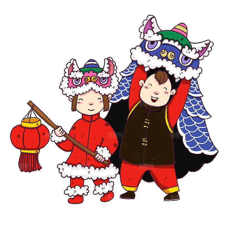 手绘卡通喜庆节日舞龙舞狮PNG免抠