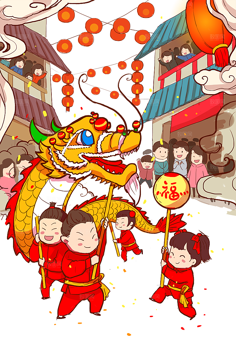 手绘卡通喜庆节日舞龙舞狮PNG免抠素材