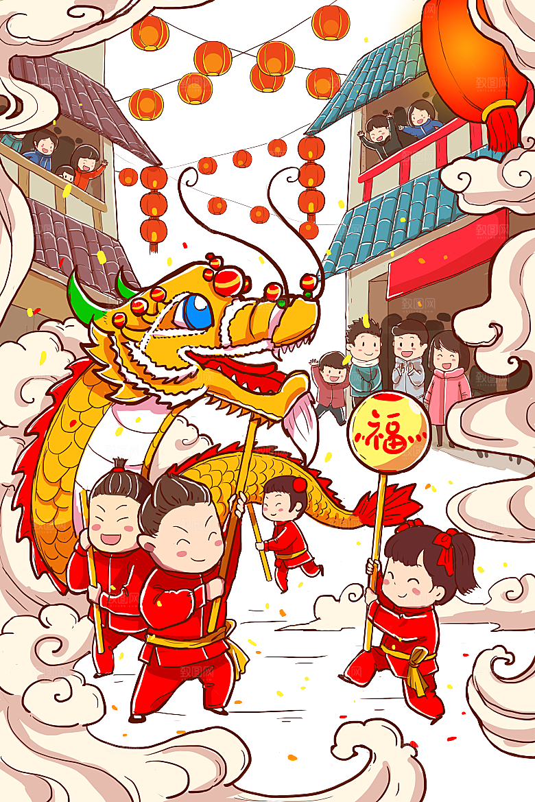 手绘卡通喜庆节日舞龙舞狮PNG免抠素材