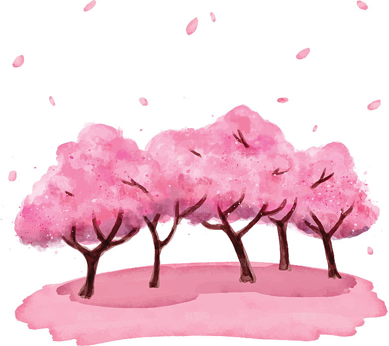 浪漫樱花树桃花插图背景PNG免抠