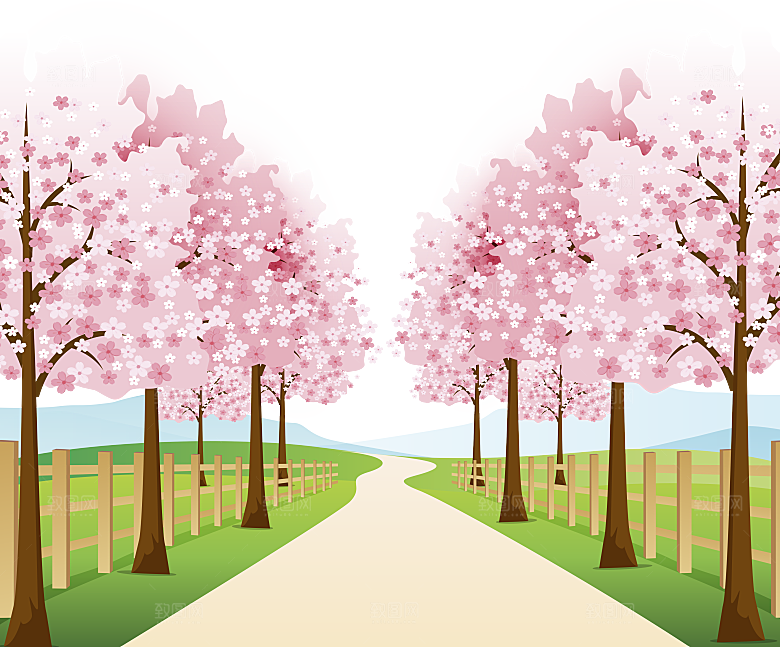 浪漫樱花树桃花插图背景PNG免抠素材