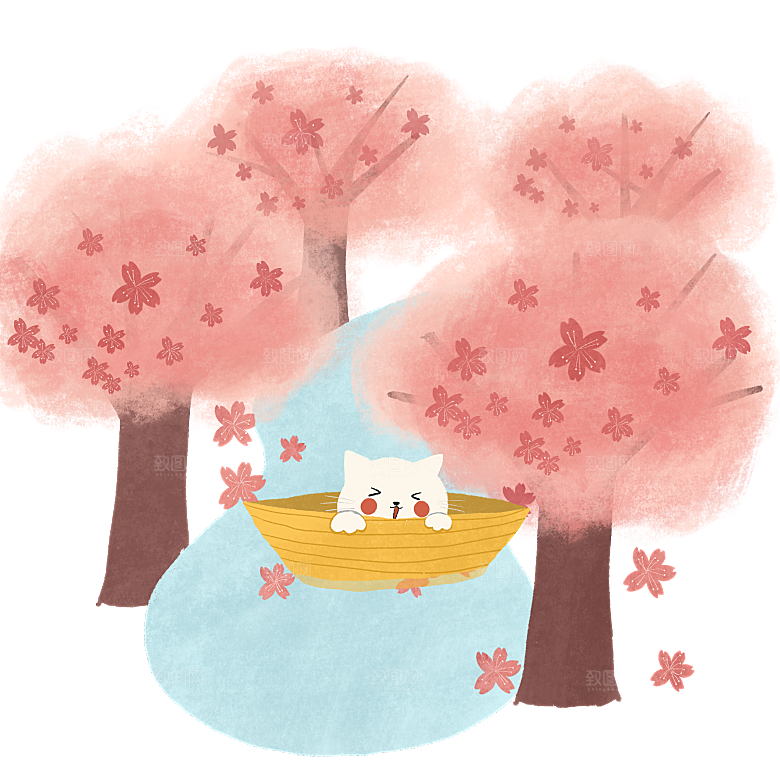浪漫樱花树桃花插图背景PNG免抠