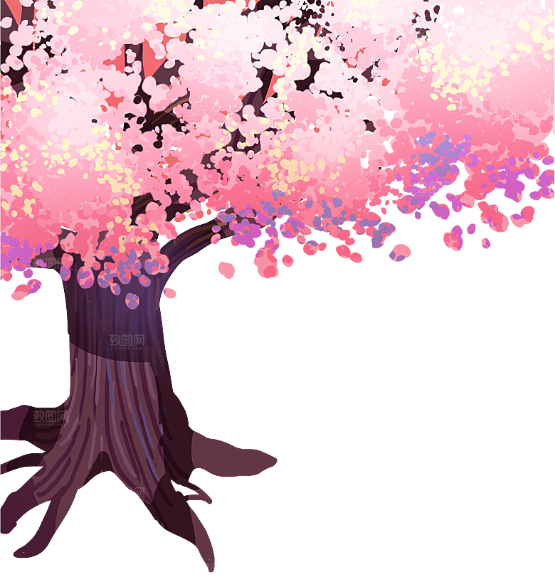 浪漫樱花树桃花插图背景PNG免抠