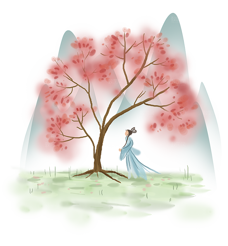 浪漫樱花树桃花插图背景PNG免抠素材