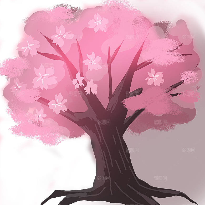 浪漫樱花树桃花插图背景PNG免抠素材