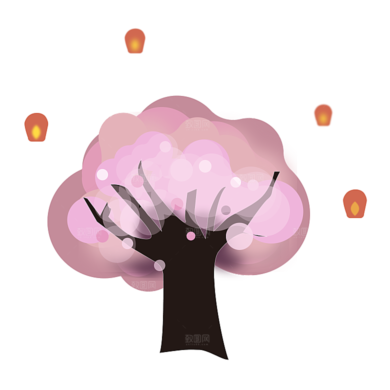 浪漫樱花树桃花插图背景PNG免抠