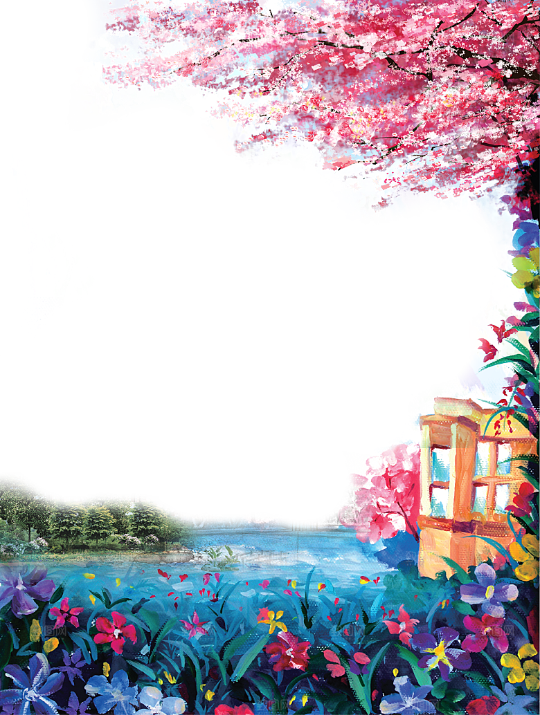 浪漫樱花树桃花插图背景PNG免抠素材