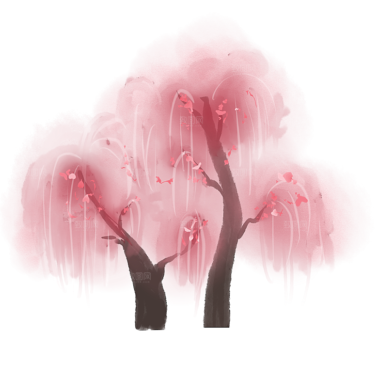 浪漫樱花树桃花插图背景PNG免抠