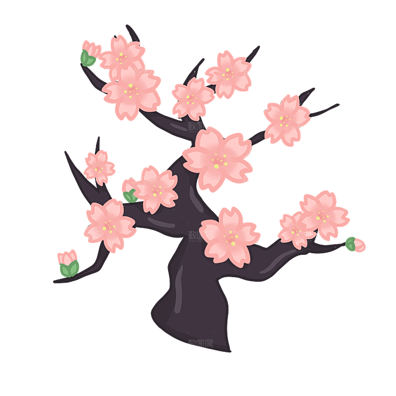 浪漫樱花树桃花插图背景PNG免抠