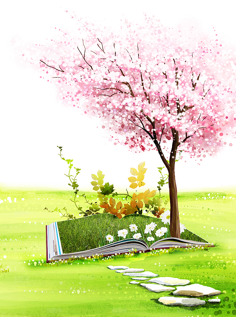 浪漫樱花树桃花插图背景PNG免抠素材
