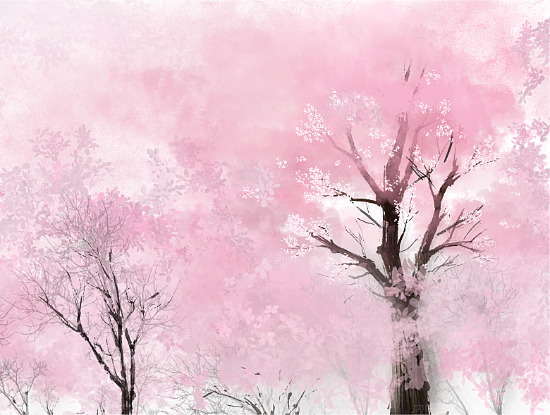 浪漫樱花树桃花插图背景PNG免抠素材