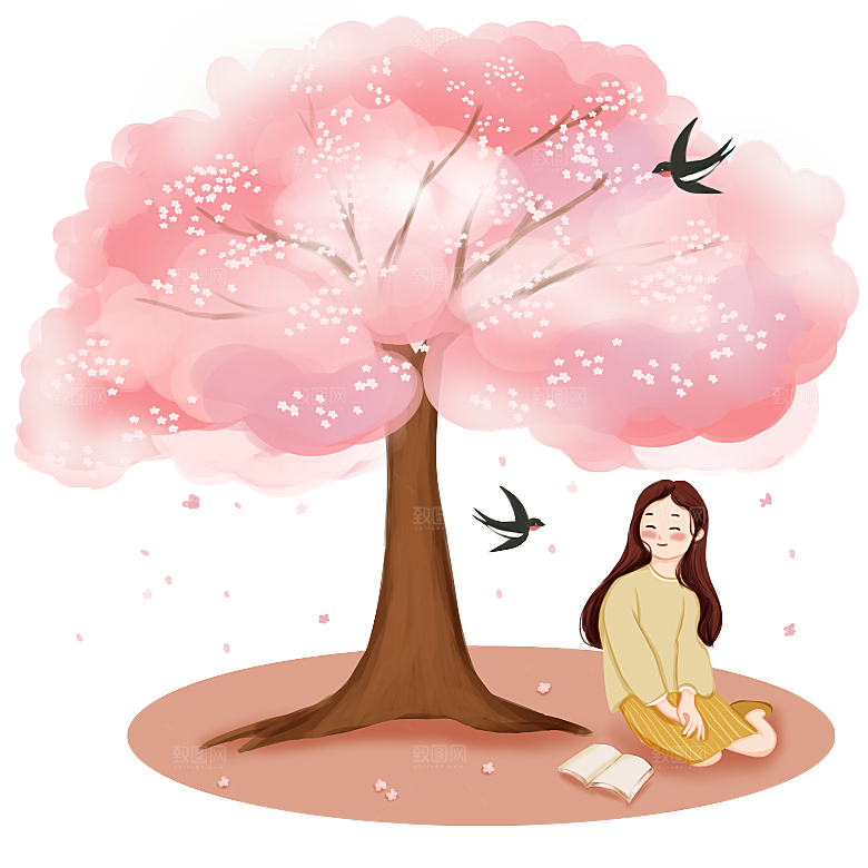 浪漫樱花树桃花插图背景PNG免抠