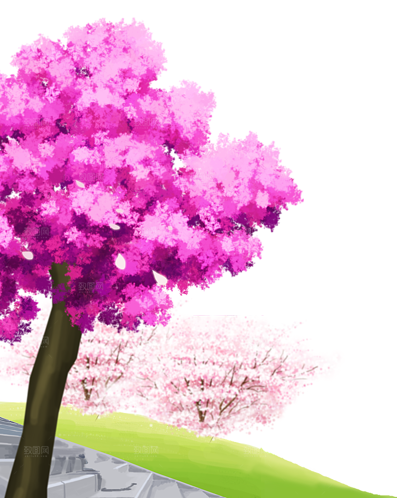 浪漫樱花树桃花插图背景PNG免抠