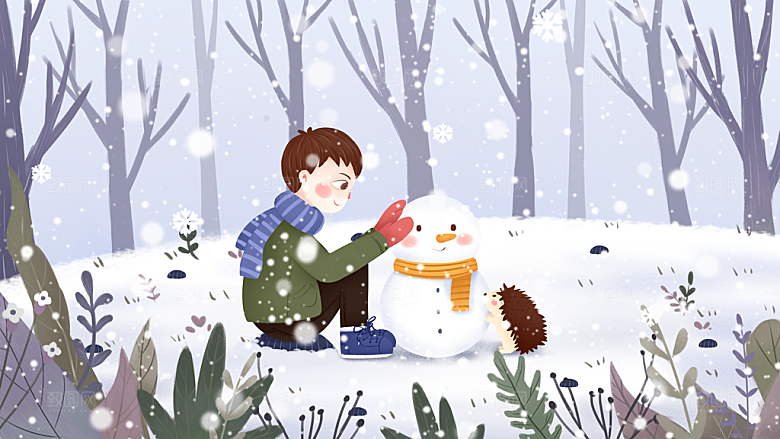 冬天雪人节气插画模版