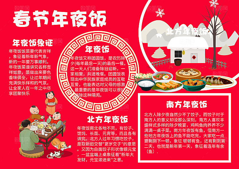 红色春节年夜饭手抄报