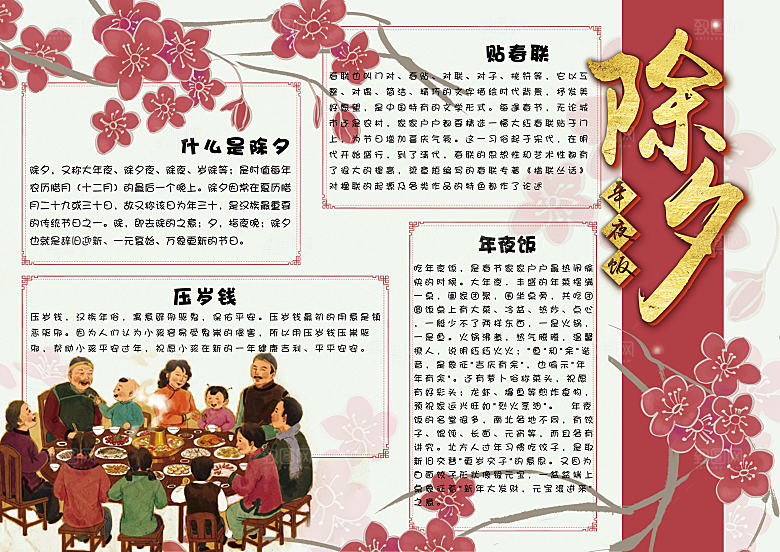 红色春节年夜饭手抄报