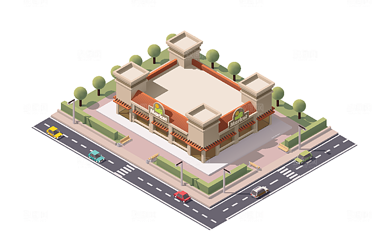 矢量城市建筑商业场景插画