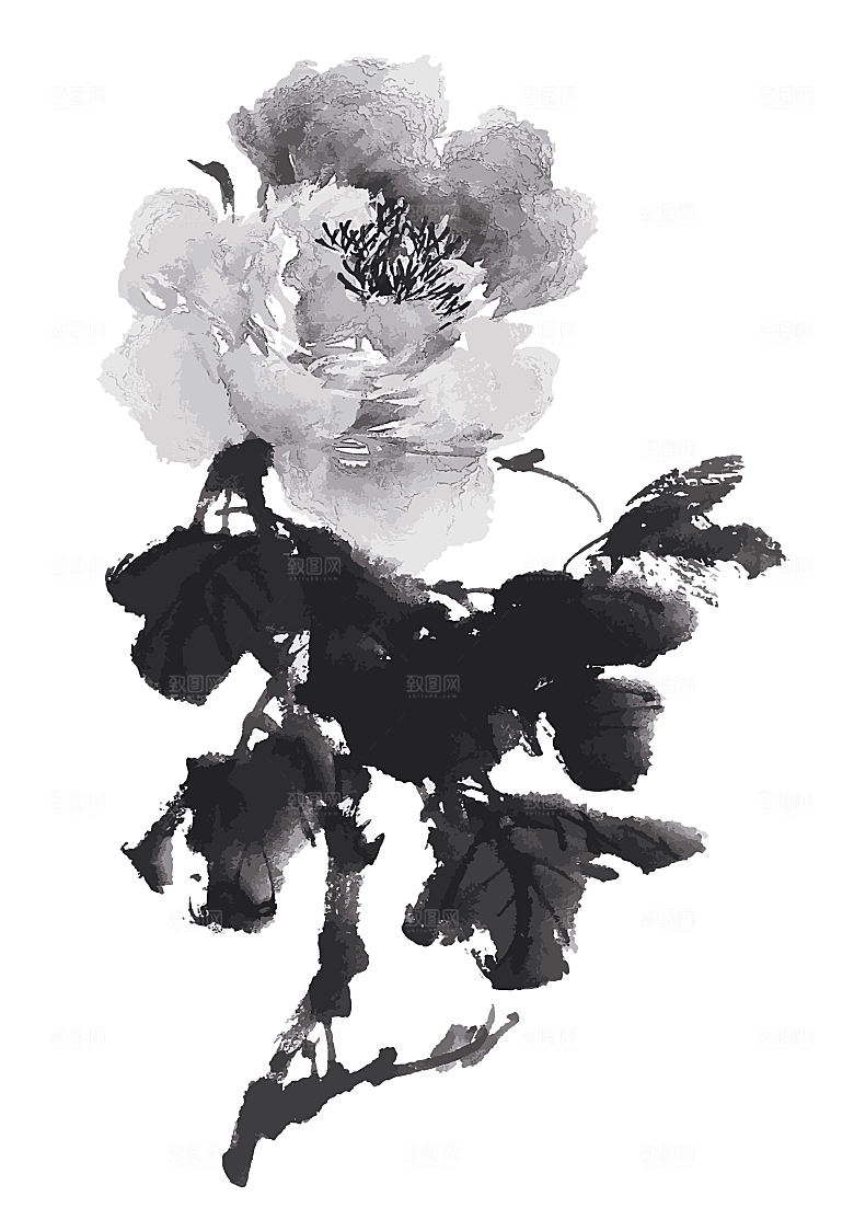 矢量水墨中国风鲜花花朵素材