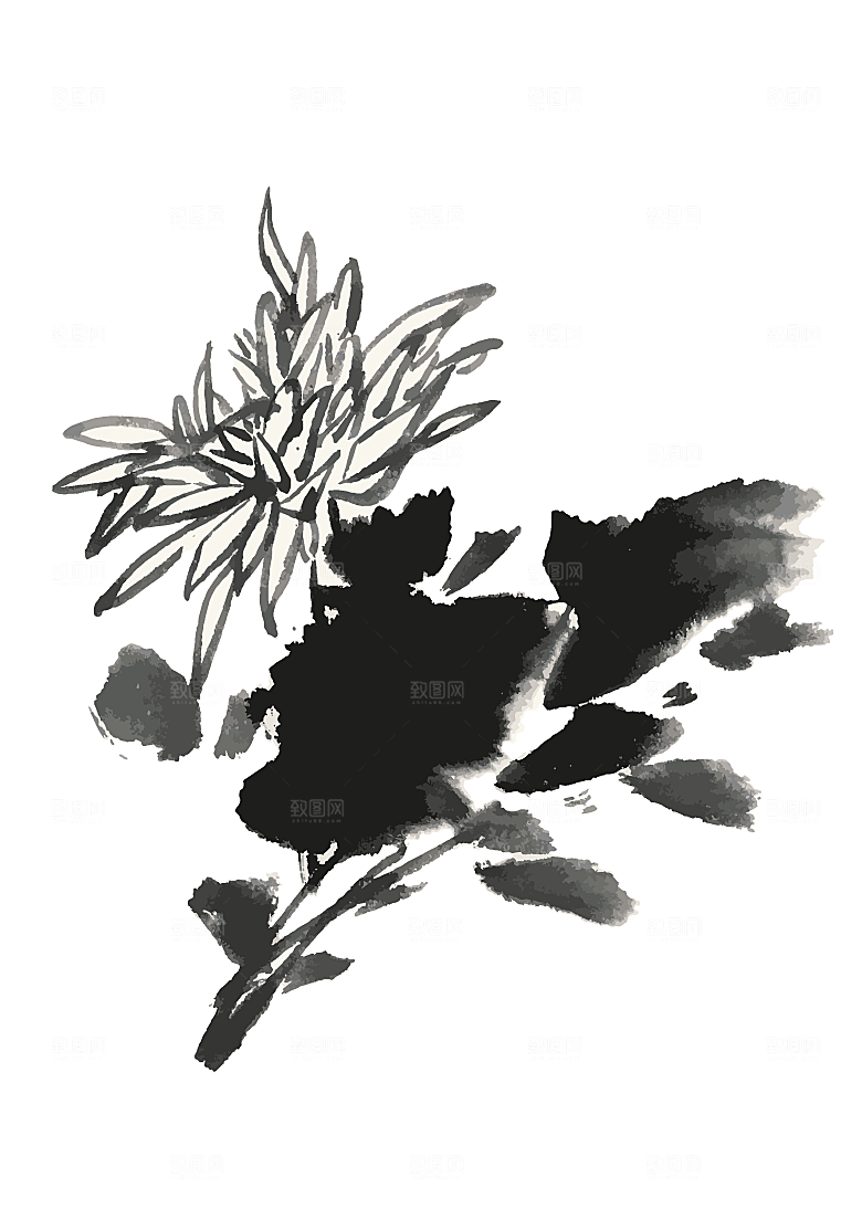 矢量水墨中国风鲜花花朵素材