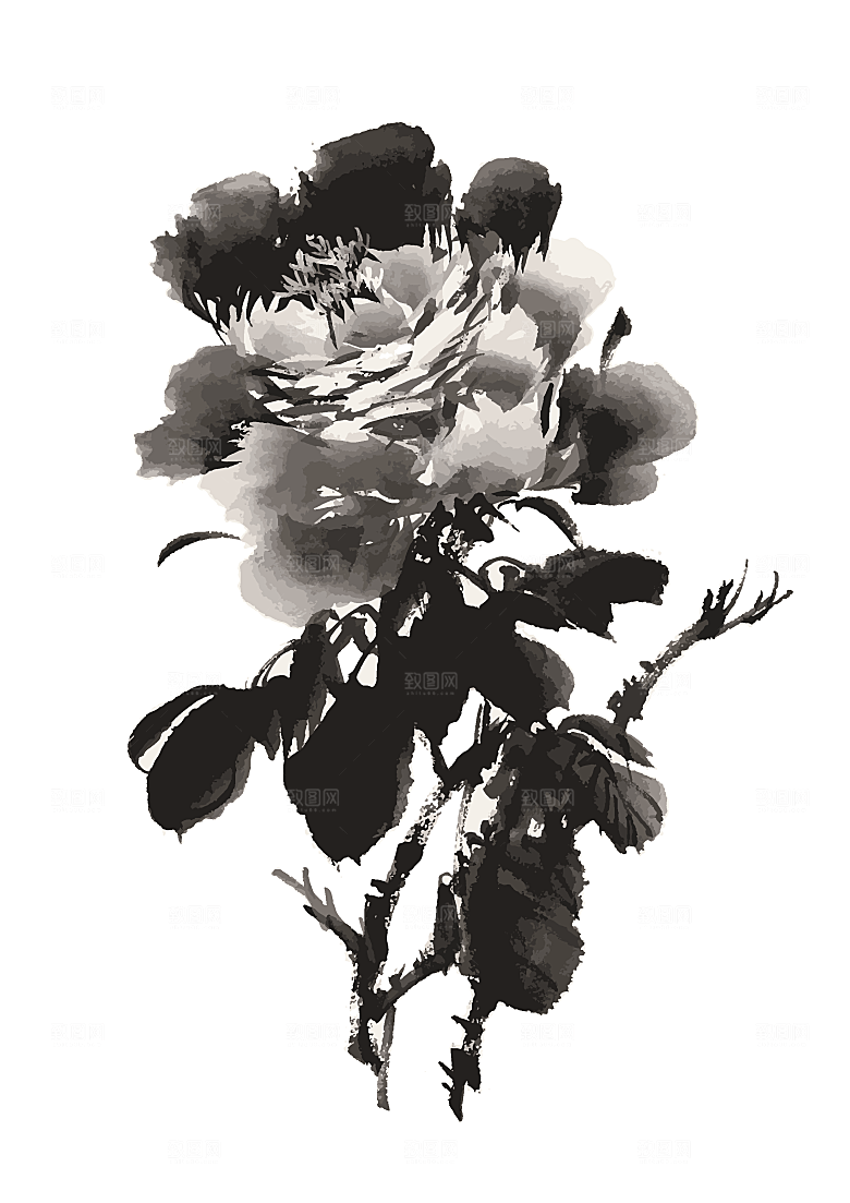 矢量水墨中国风鲜花花朵素材