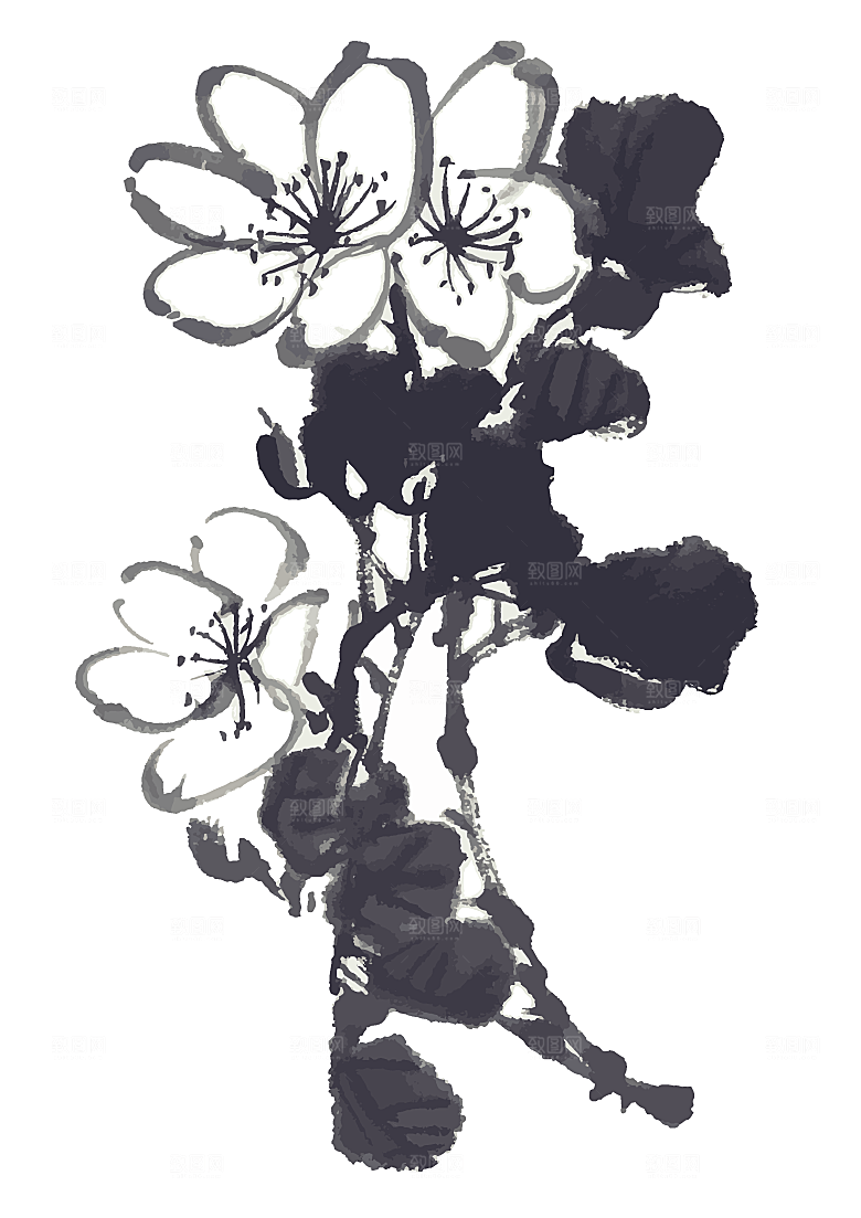 中国风手绘花卉水墨鲜花素材