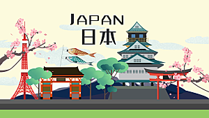 日本创意城市地标手绘插画背景