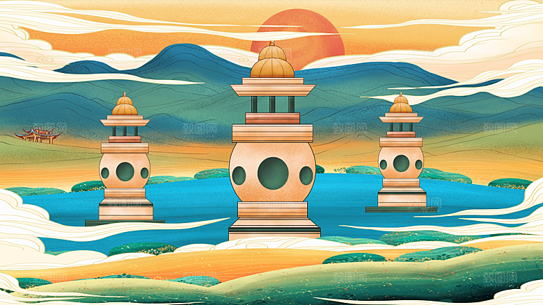 地标古迹建筑风景点插画海报