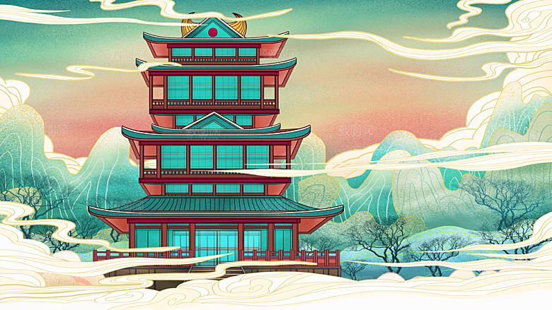 国潮风城市建筑地标名胜古迹插画