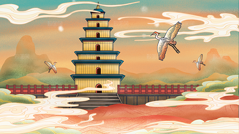 国潮风城市建筑地标名胜古迹插画
