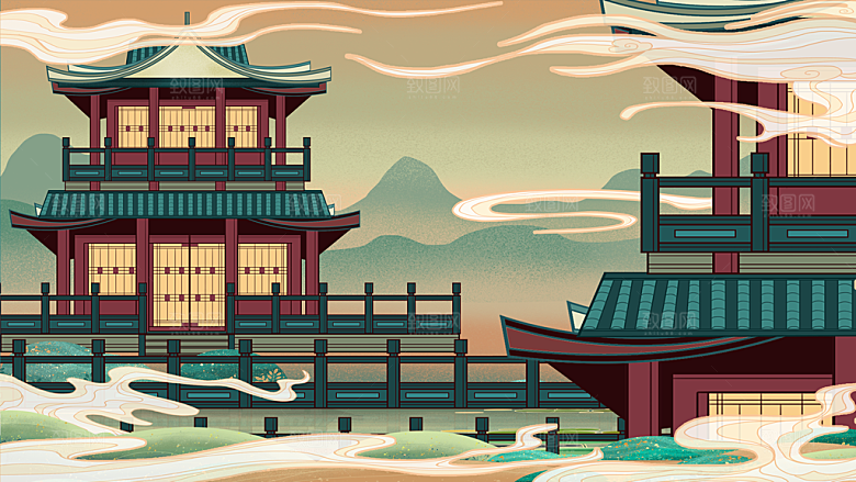 国潮风城市建筑地标名胜古迹插画