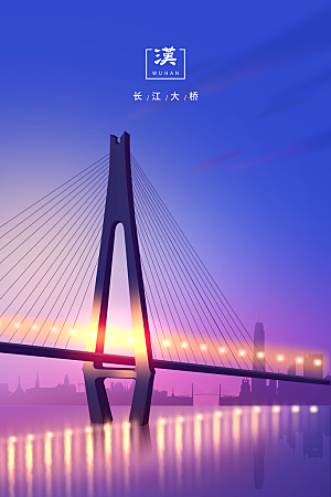 长江大桥国潮风城市建筑地标名胜古迹插画