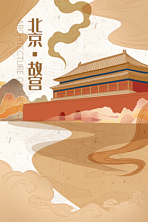 北京故宫城市地标建筑手绘插画背景海报