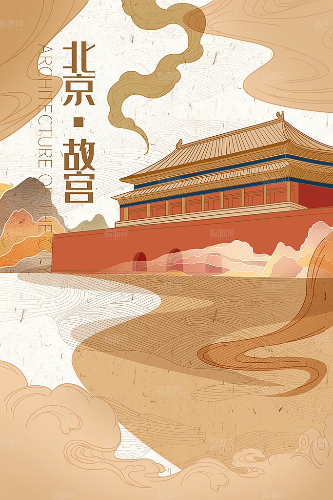 北京故宫城市地标建筑手绘插画背景海报