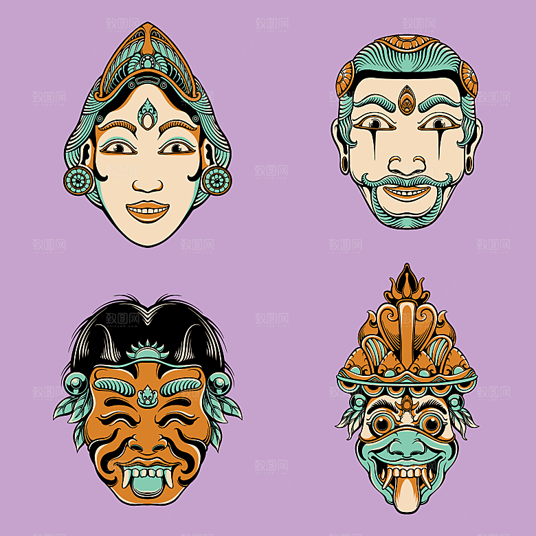 手绘潮流炫酷日式和风鬼面具怪兽插画印花