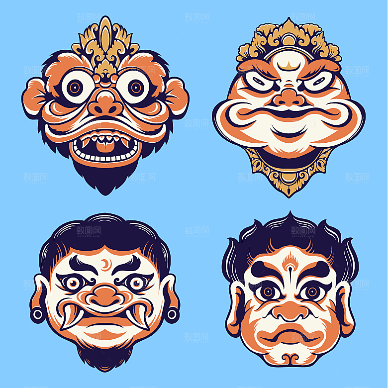 手绘潮流炫酷日式和风鬼面具怪兽插画