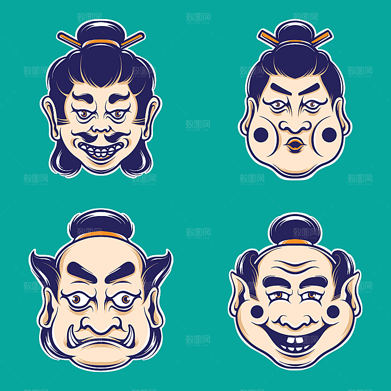 手绘潮流炫酷日式和风鬼面具怪兽插画