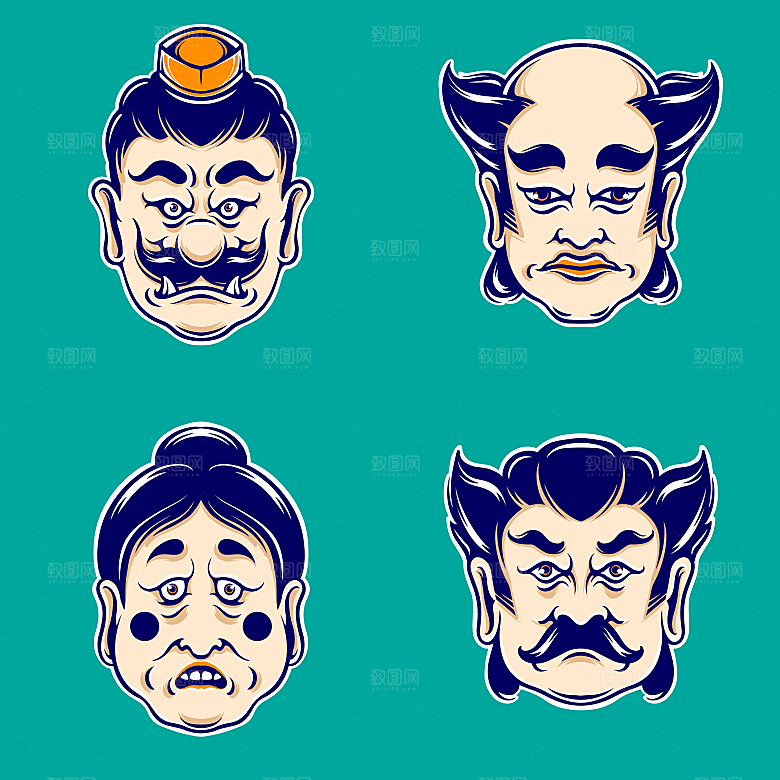 手绘潮流炫酷日式和风鬼面具怪兽插画