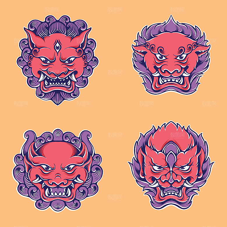 手绘潮流炫酷日式和风鬼面具怪兽插画