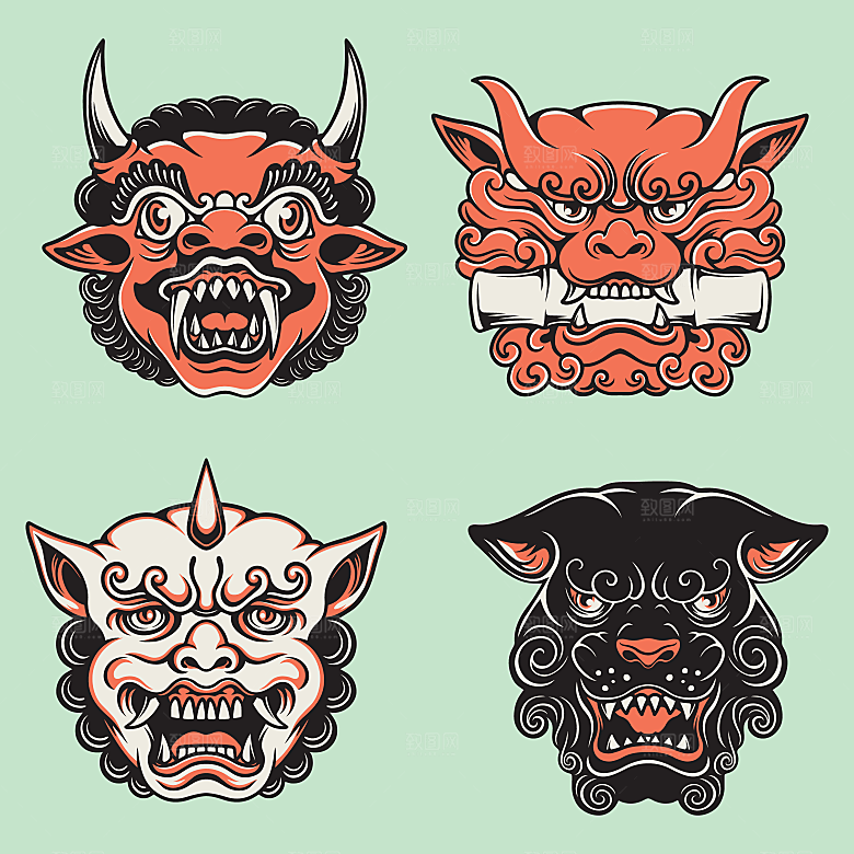 手绘潮流炫酷日式和风鬼面具怪兽插画印花