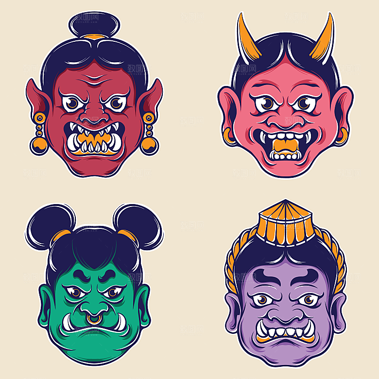 手绘潮流炫酷日式和风鬼面具怪兽插画印花
