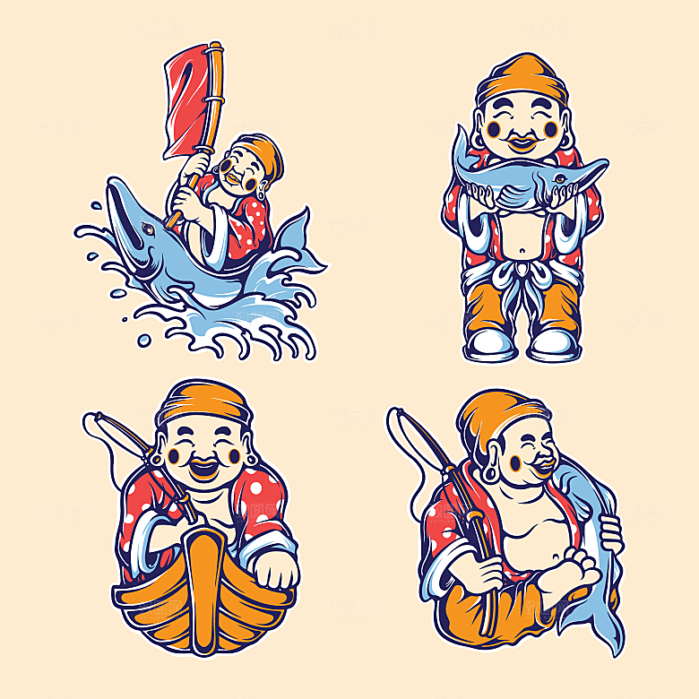 手绘潮流炫酷日式和风鬼面具怪兽插画印花