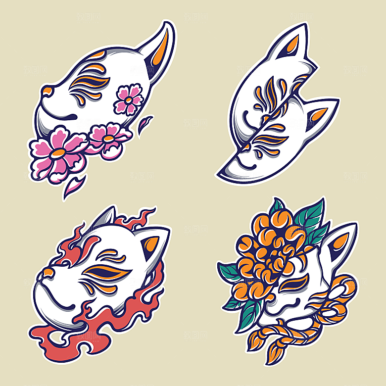 手绘潮流炫酷日式和风鬼面具怪兽插画印花