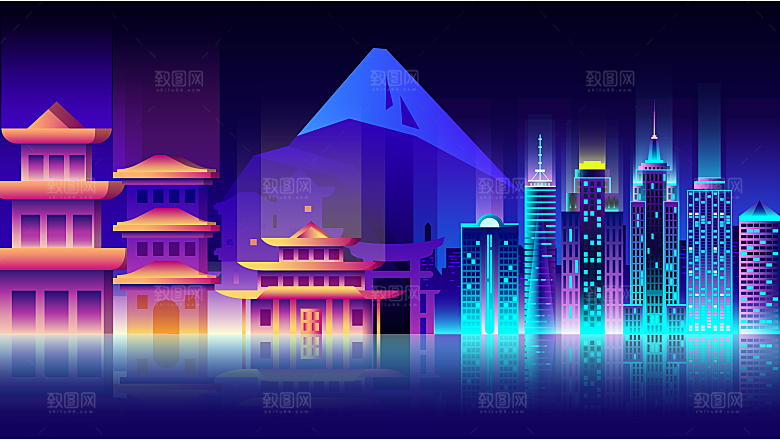 蓝色城市建筑夜晚矢量剪影素材