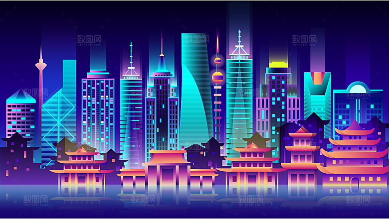 蓝色城市夜晚建筑剪影素材