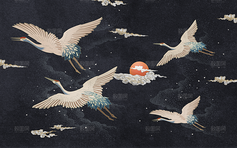 中国风白鹤插画背景