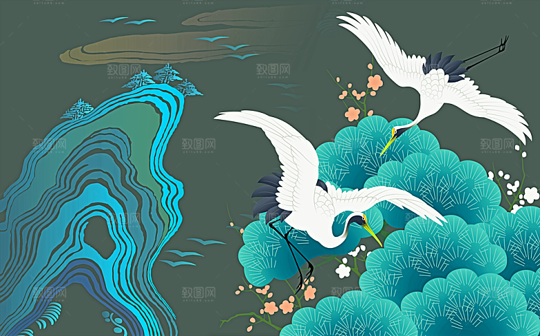 中国风白鹤插画背景